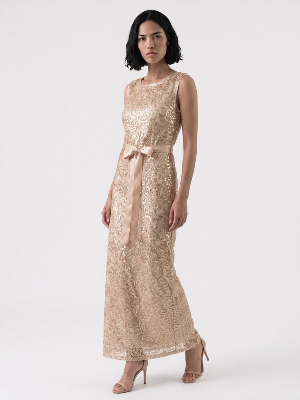 Betsy & Adam Sleeveless Sequin Lace Maxi Gown in Champagne